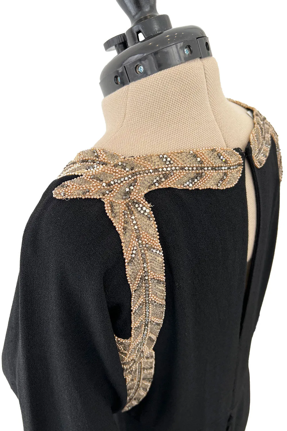 Fabulous 1930s Black Bias Cut Silk Crepe Dress w Unusual Rhinestone & Beaded Applique