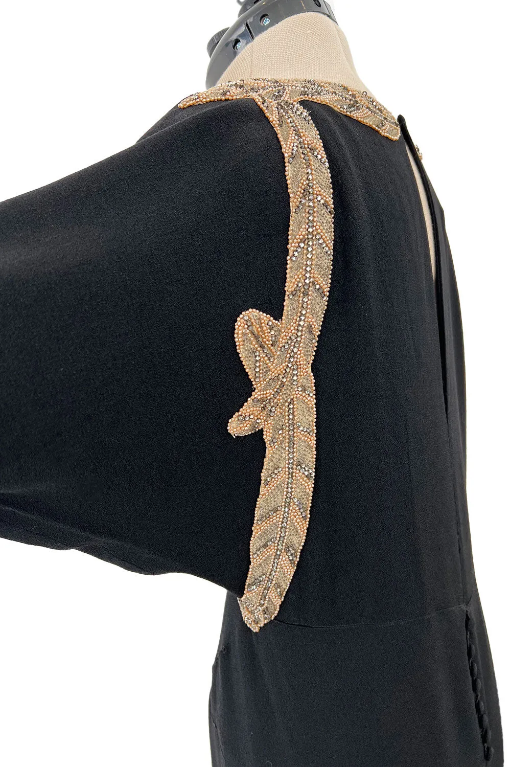 Fabulous 1930s Black Bias Cut Silk Crepe Dress w Unusual Rhinestone & Beaded Applique