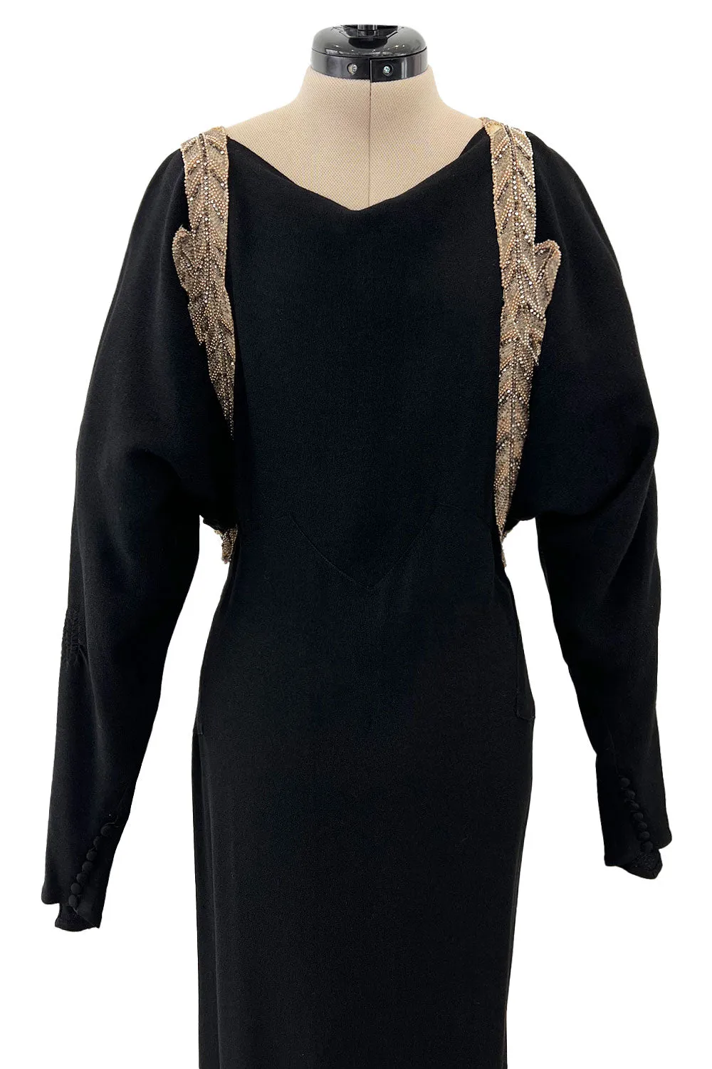 Fabulous 1930s Black Bias Cut Silk Crepe Dress w Unusual Rhinestone & Beaded Applique