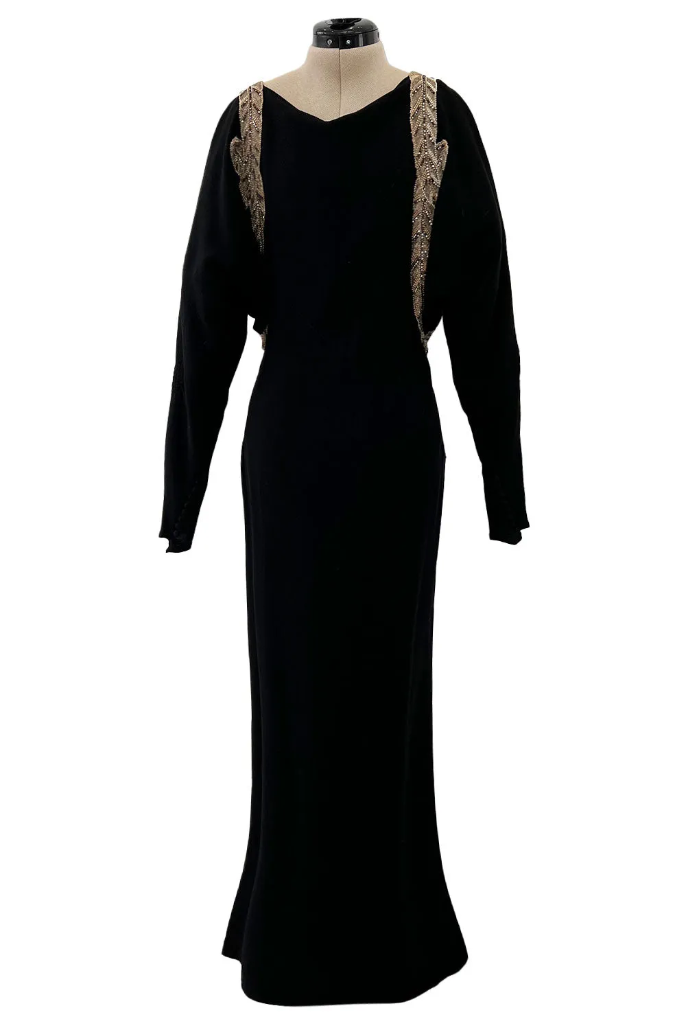 Fabulous 1930s Black Bias Cut Silk Crepe Dress w Unusual Rhinestone & Beaded Applique