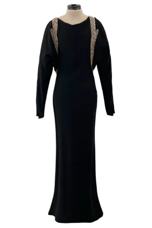 Fabulous 1930s Black Bias Cut Silk Crepe Dress w Unusual Rhinestone & Beaded Applique