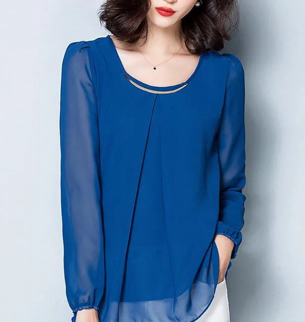 Fashion Women Blouses Elegant Long Sleeve O-neck Solid Color Chiffon Blouses Casual Shirts Women Tops