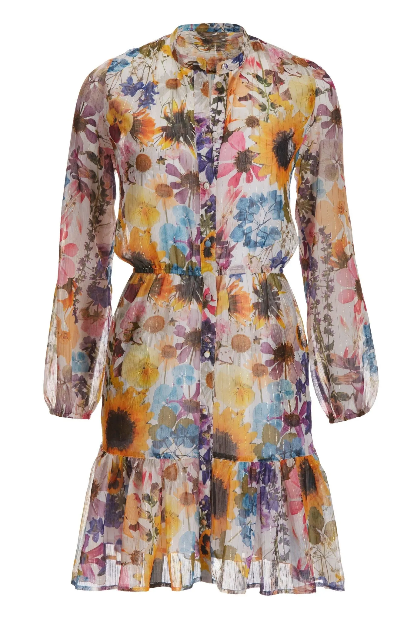 Floral Print Balloon Sleeve Dress White Multi