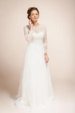 Glamorous Illusion Long Sleeve High Neck Pleated Long Tulle Dress With Sheer Back-ET_711639