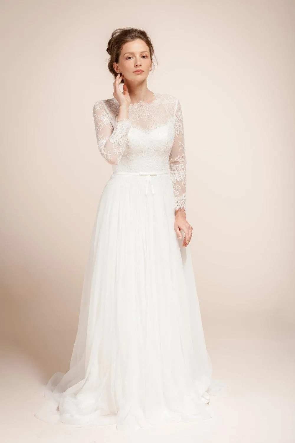 Glamorous Illusion Long Sleeve High Neck Pleated Long Tulle Dress With Sheer Back-ET_711639