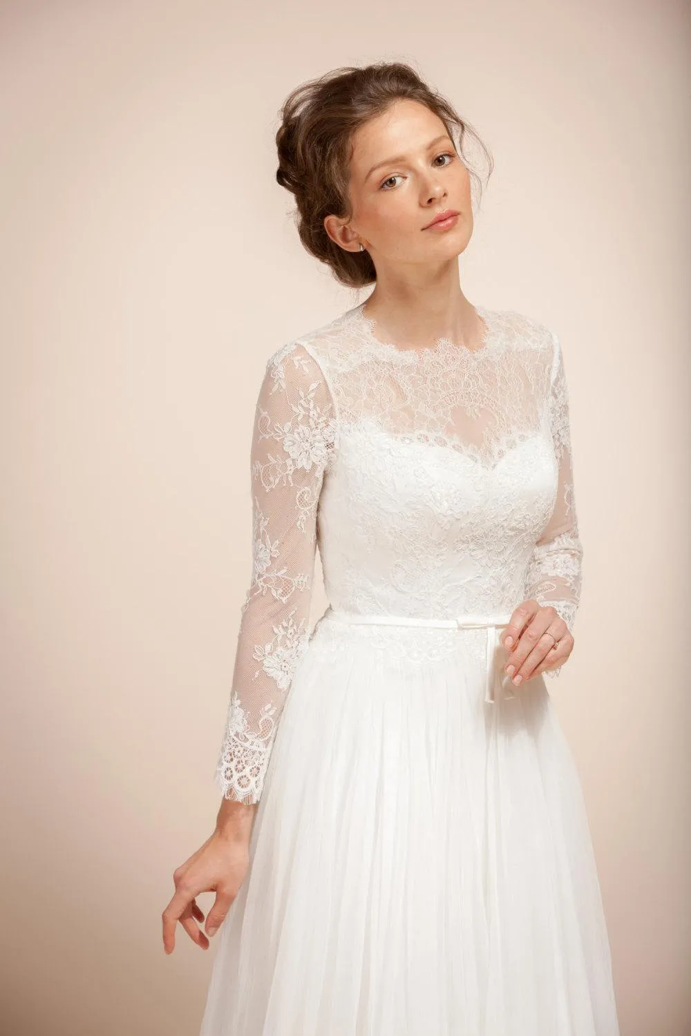 Glamorous Illusion Long Sleeve High Neck Pleated Long Tulle Dress With Sheer Back-ET_711639