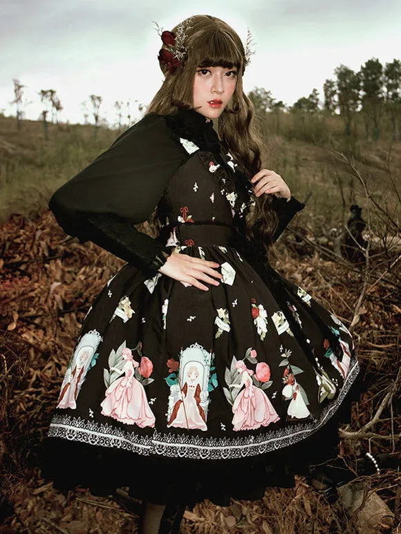 Gothic Lolita Blouses Lolita Top Black Long Sleeves Lace Bows Bow Lolita Shirt