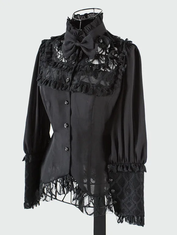 Gothic Lolita Blouses Lolita Top Black Long Sleeves Lace Bows Bow Lolita Shirt