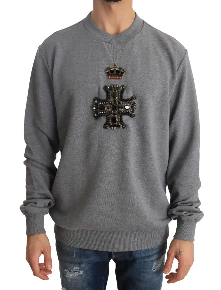 Gray Cotton Crystal Royal Crown Cross Sweater