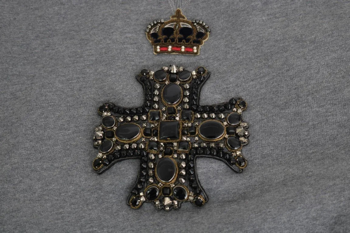 Gray Cotton Crystal Royal Crown Cross Sweater