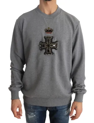 Gray Cotton Crystal Royal Crown Cross Sweater