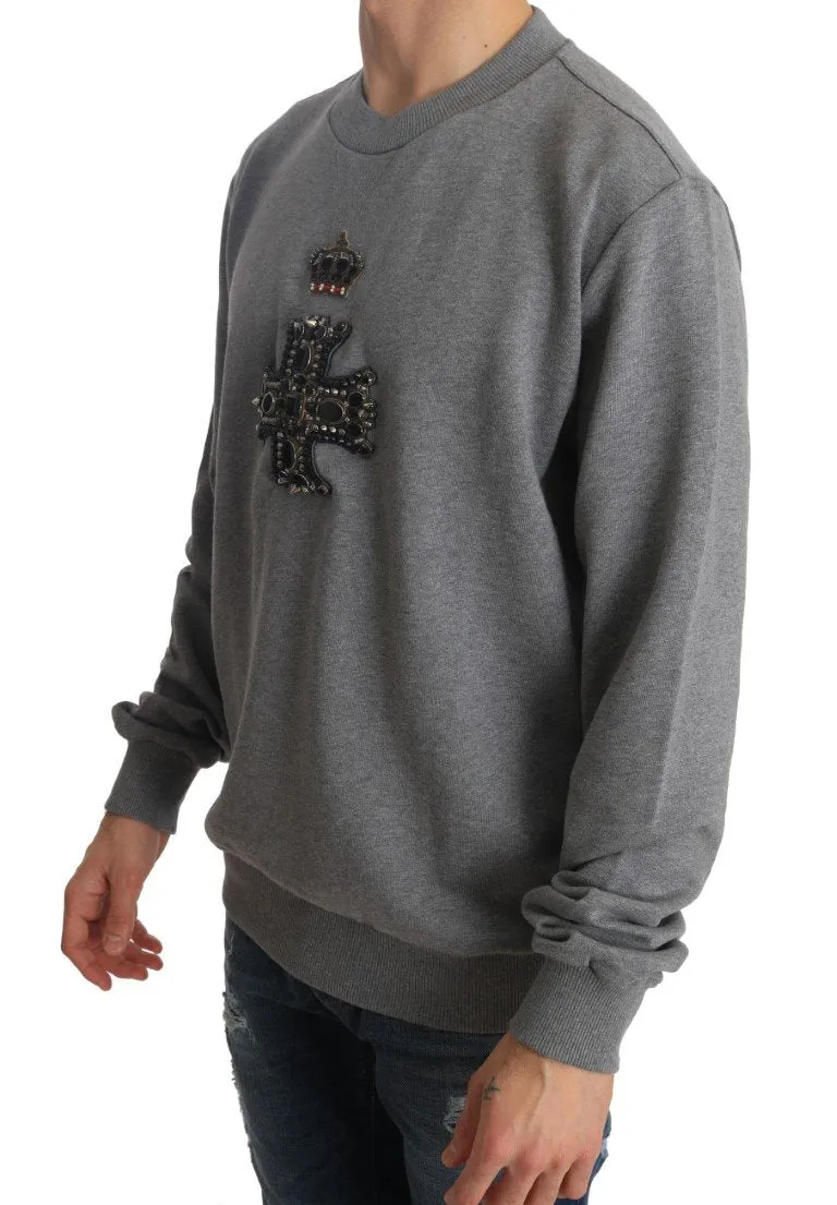 Gray Cotton Crystal Royal Crown Cross Sweater