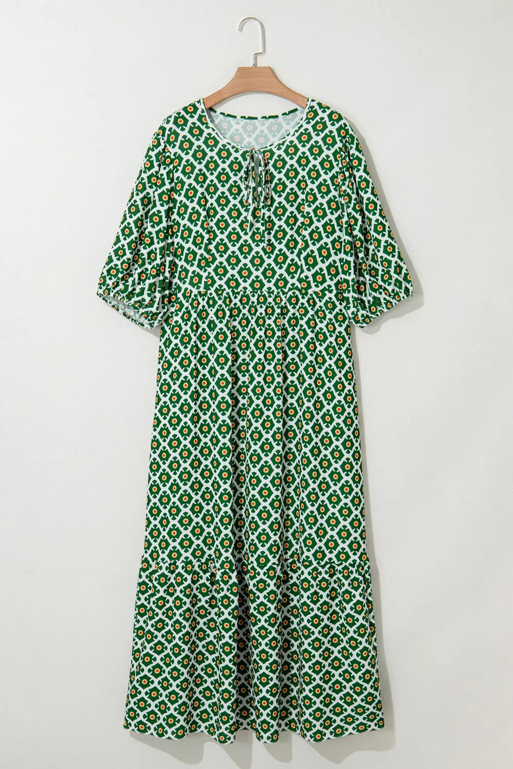 Green Geometric Floral Print Half Sleeve Plus Size Maxi Dress