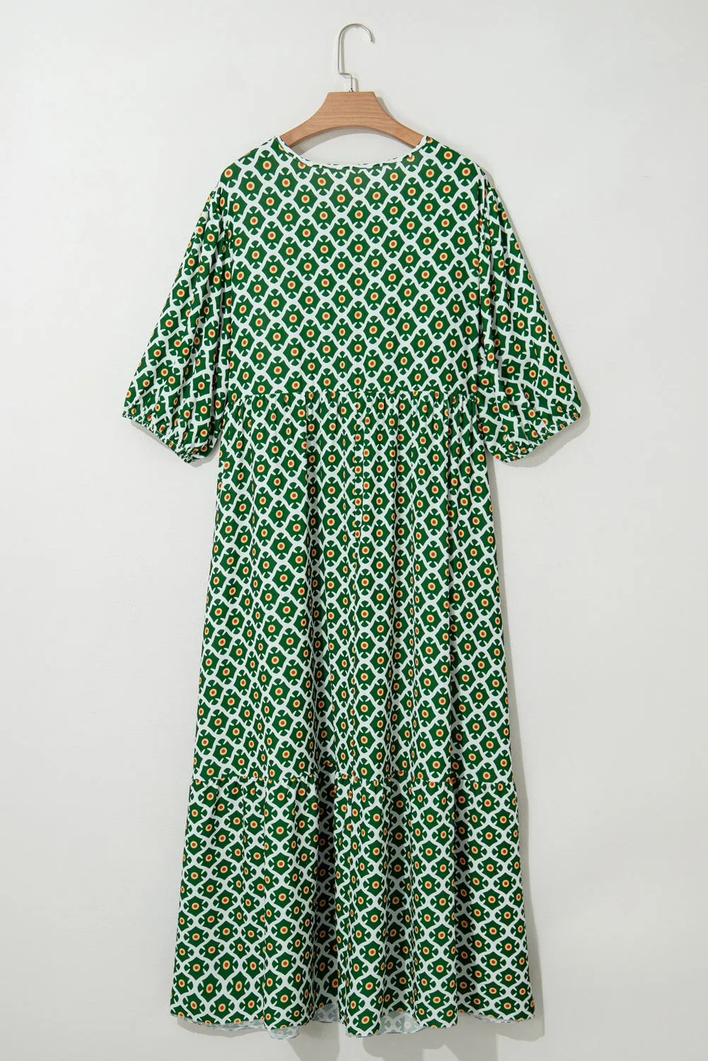 Green Geometric Floral Print Half Sleeve Plus Size Maxi Dress