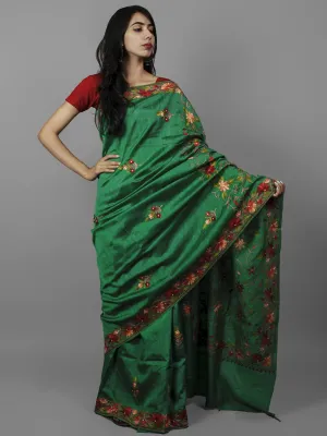 Green Maroon Yellow Aari Embroidered Bhagalpuri Silk Saree From Kashmir  - S031702154
