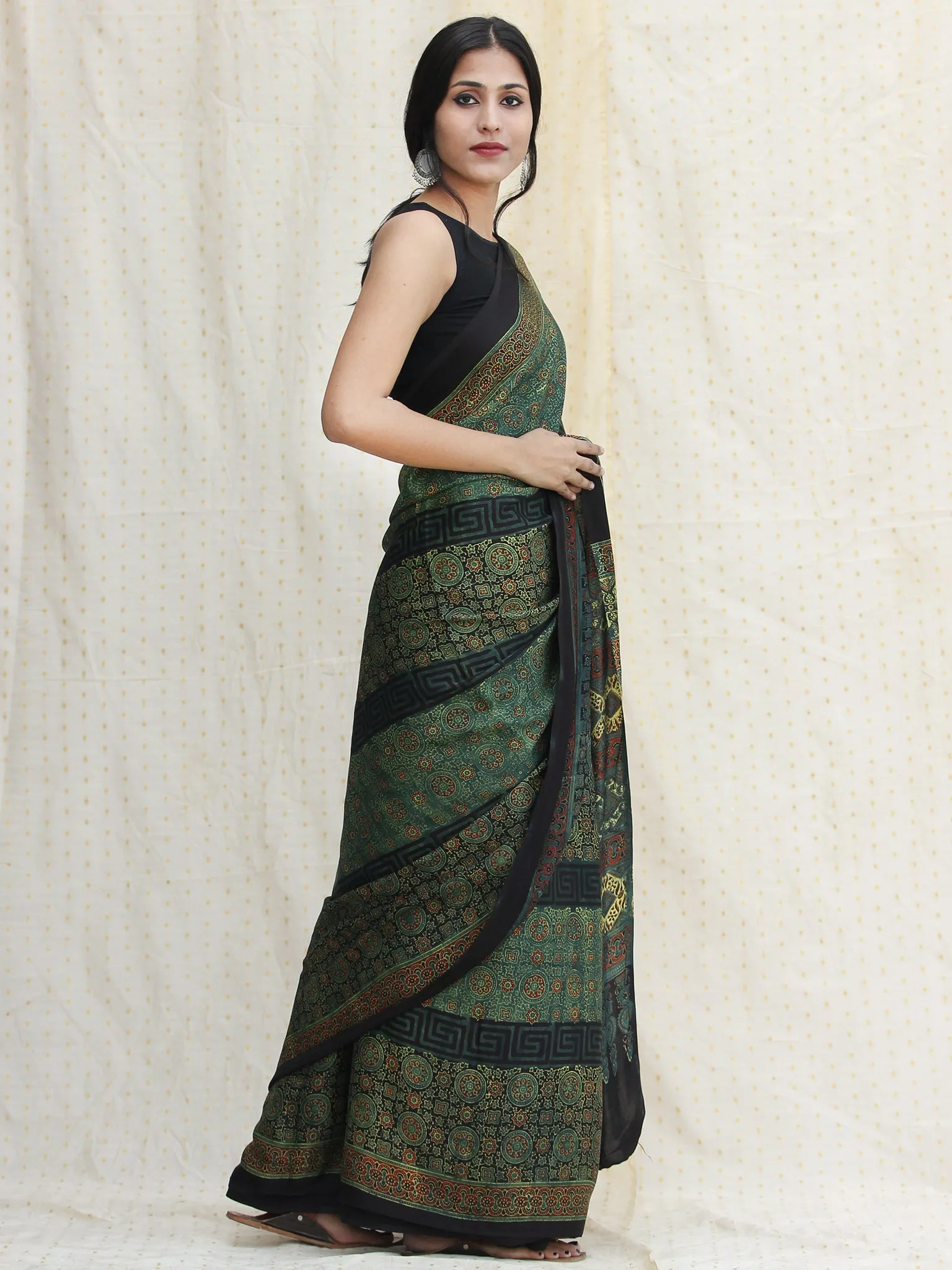 Green Red Black Ajrakh Hand Block Printed Modal Silk Saree - S031704119