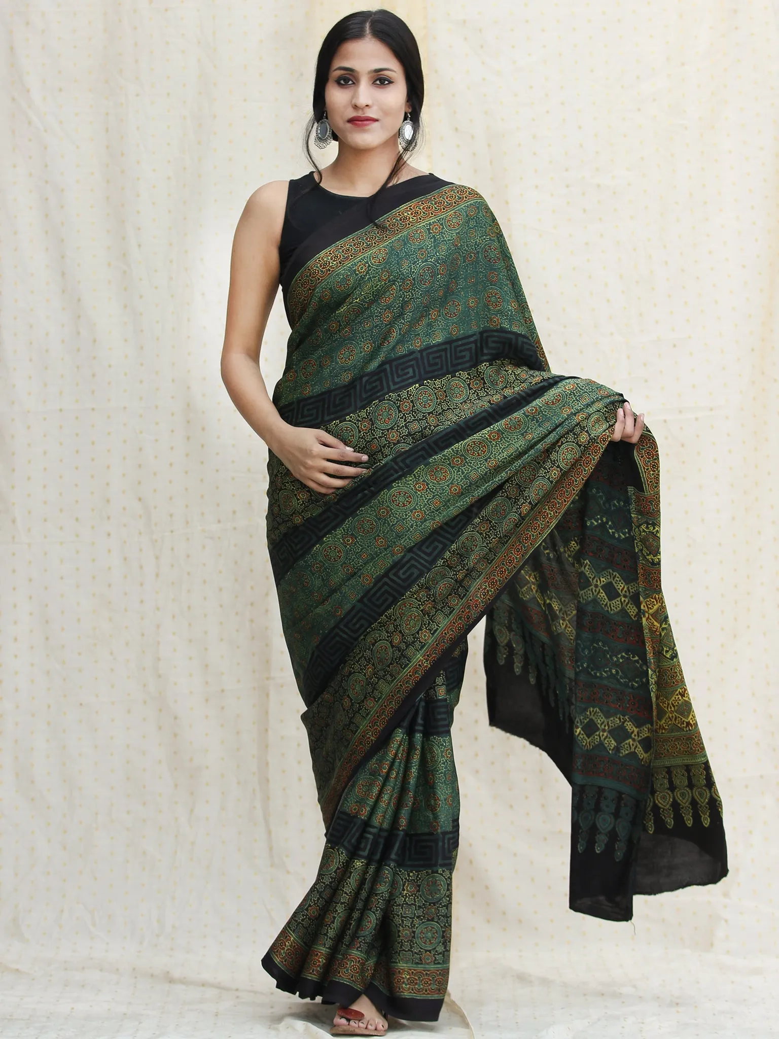 Green Red Black Ajrakh Hand Block Printed Modal Silk Saree - S031704119