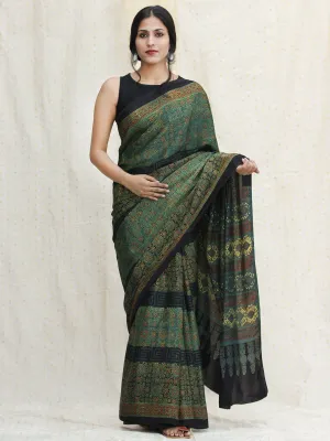 Green Red Black Ajrakh Hand Block Printed Modal Silk Saree - S031704119