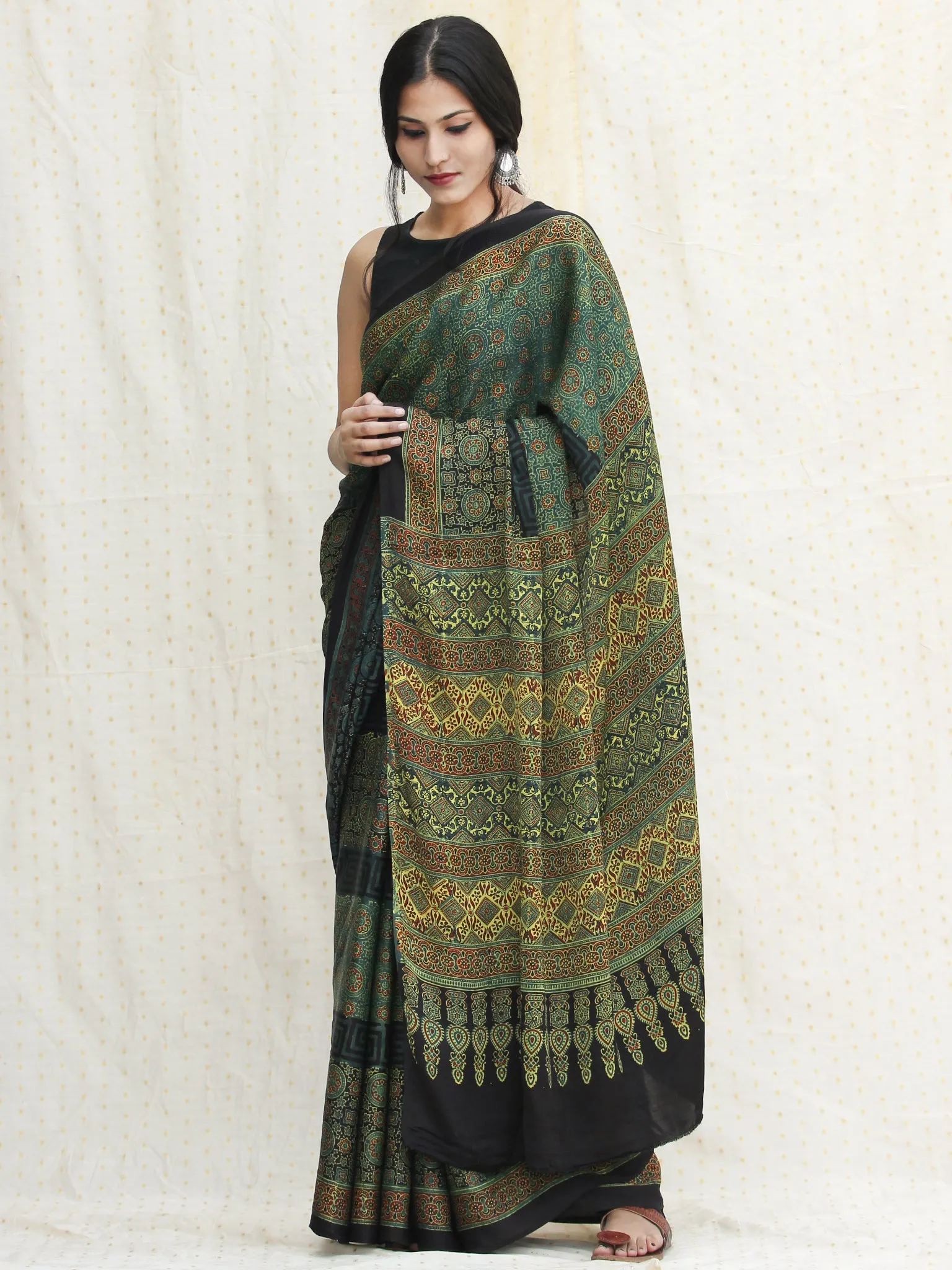 Green Red Black Ajrakh Hand Block Printed Modal Silk Saree - S031704119