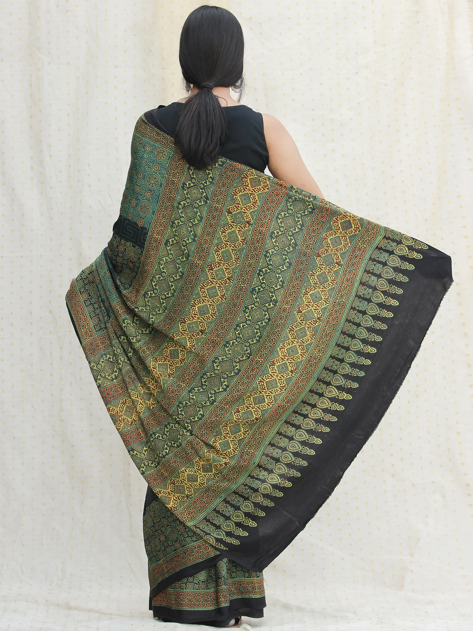 Green Red Black Ajrakh Hand Block Printed Modal Silk Saree - S031704119