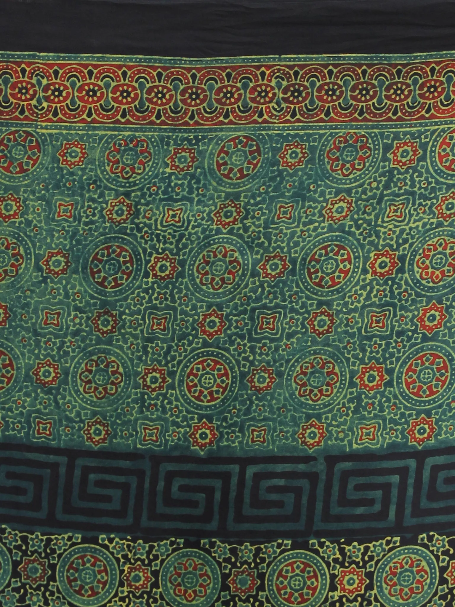 Green Red Black Ajrakh Hand Block Printed Modal Silk Saree - S031704119