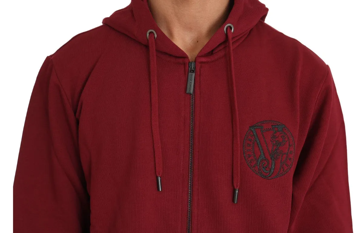 Hooded Red Cotton Full Zipper  Sweater