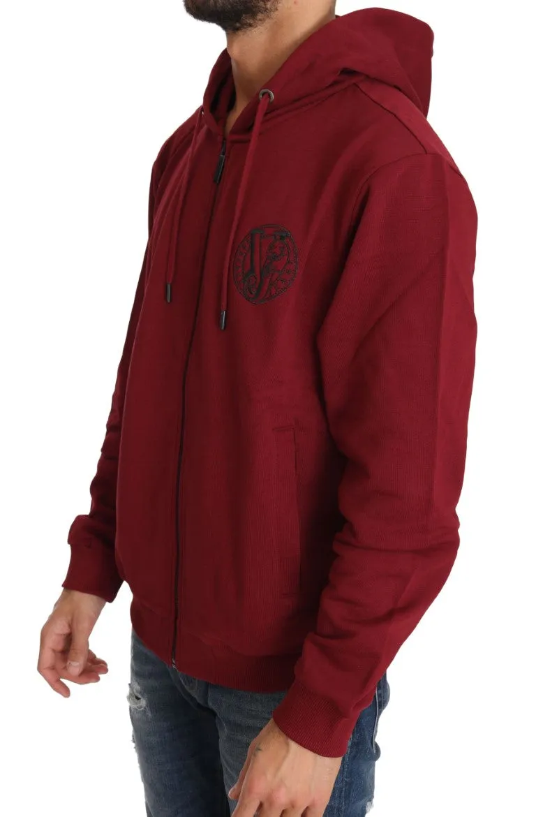 Hooded Red Cotton Full Zipper  Sweater