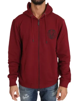 Hooded Red Cotton Full Zipper  Sweater