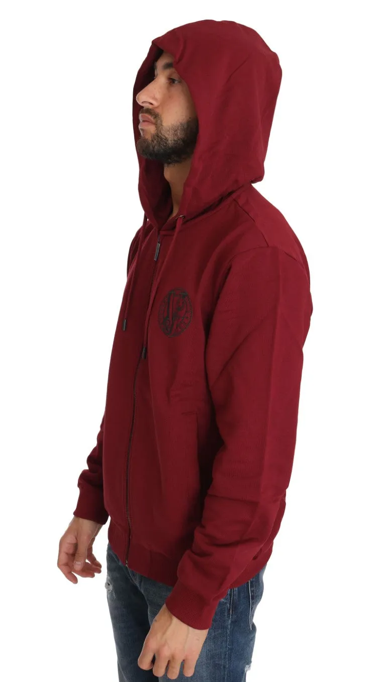 Hooded Red Cotton Full Zipper  Sweater