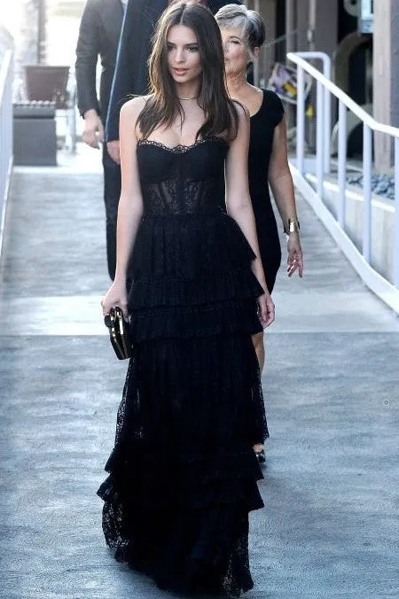 Illusion Lace Corset Black Dress for Prom Layers Skirt