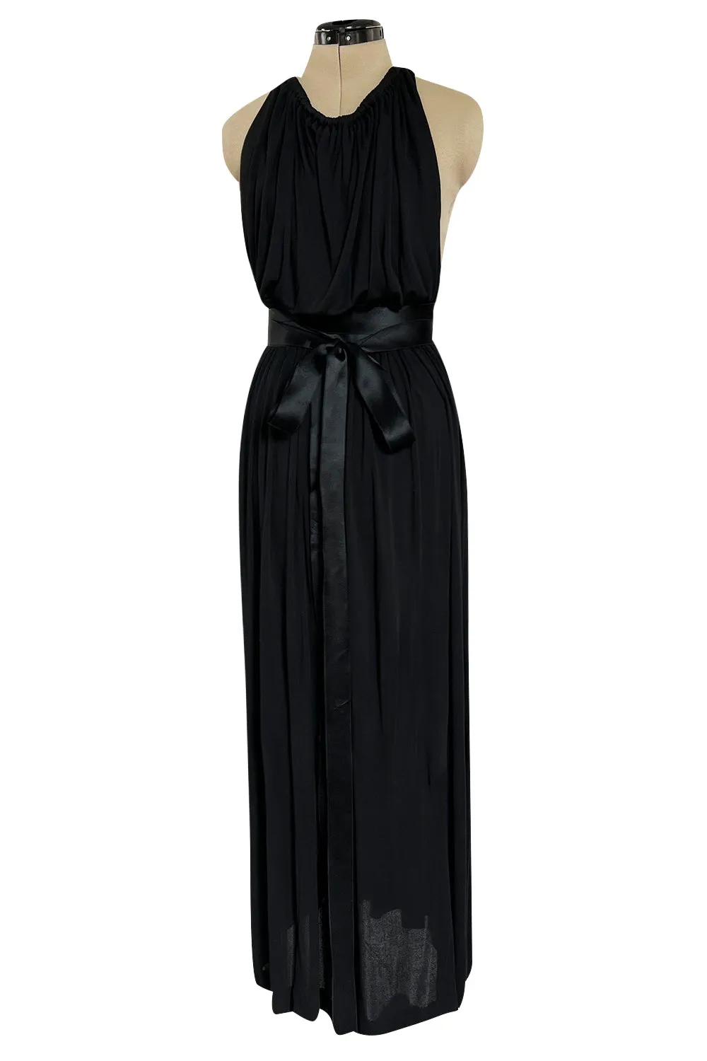 Incredible 1971-1973 Donald Brooks Backless Black Jersey Dress w Ribbon Ties