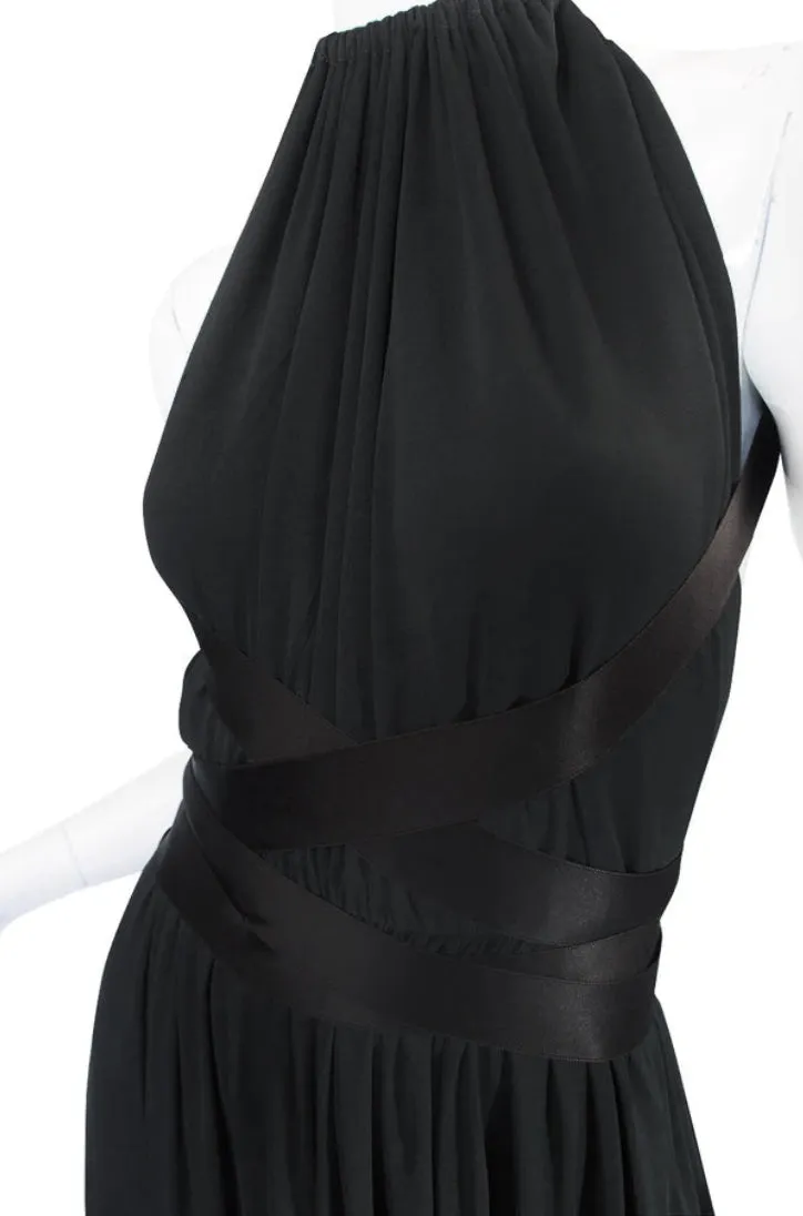 Incredible 1971-1973 Donald Brooks Backless Black Jersey Dress w Ribbon Ties