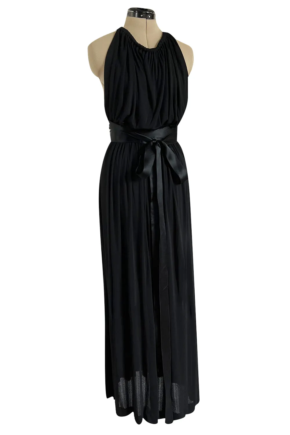 Incredible 1971-1973 Donald Brooks Backless Black Jersey Dress w Ribbon Ties