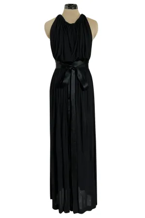 Incredible 1971-1973 Donald Brooks Backless Black Jersey Dress w Ribbon Ties