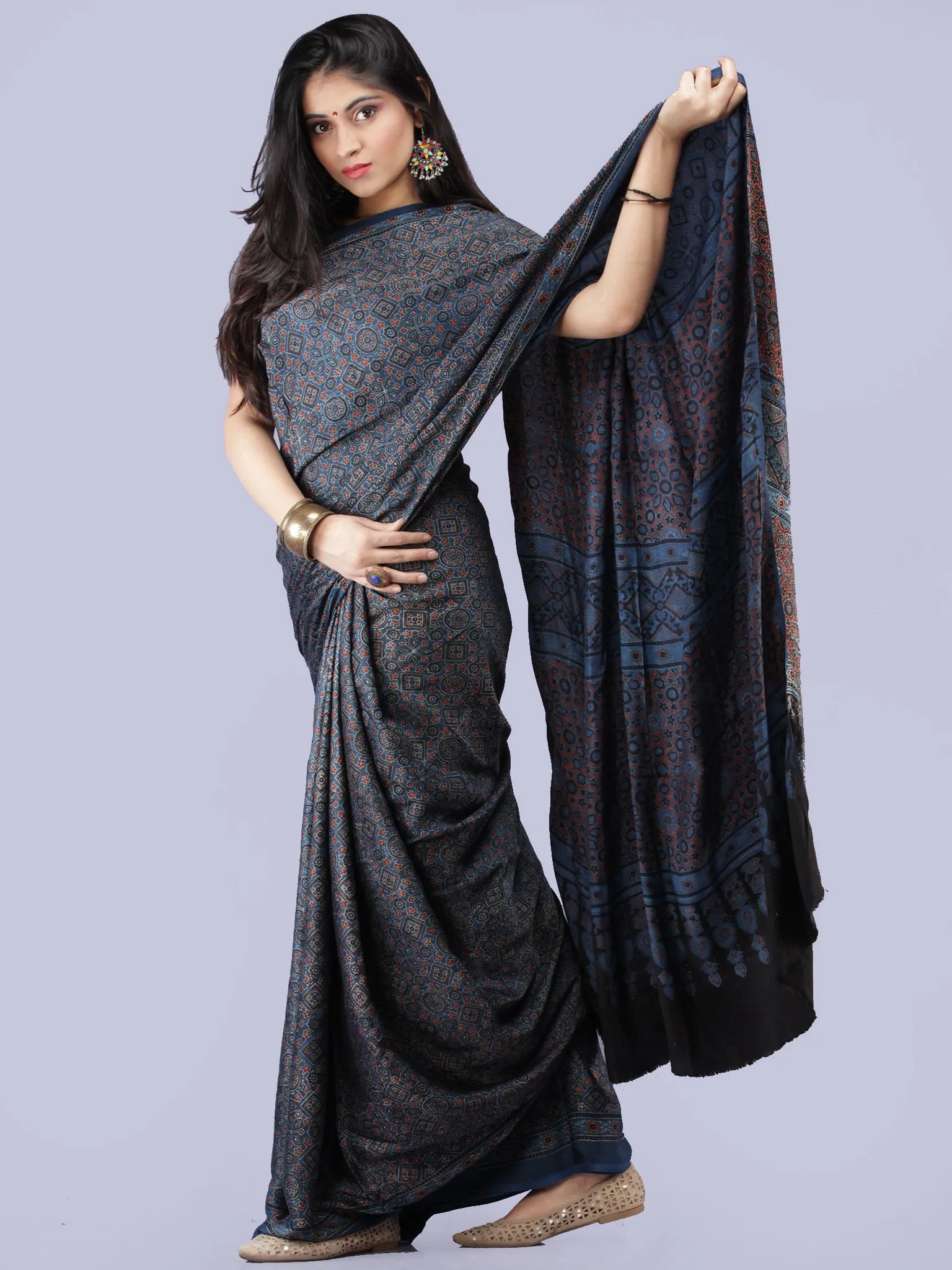 Indigo Black Maroon Ivory Ajrakh Hand Block Printed Modal Silk Saree - S031704263