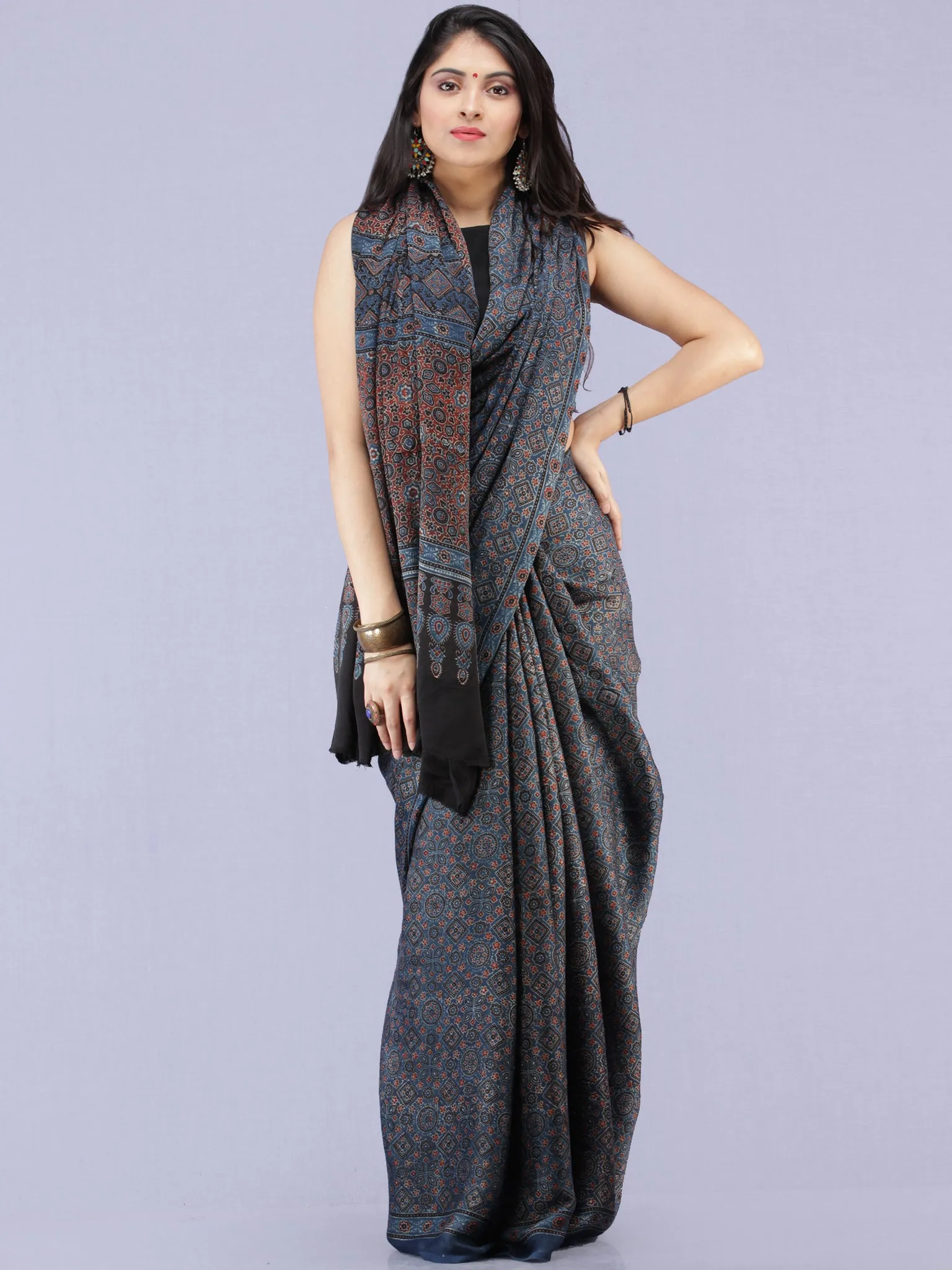Indigo Black Maroon Ivory Ajrakh Hand Block Printed Modal Silk Saree - S031704263