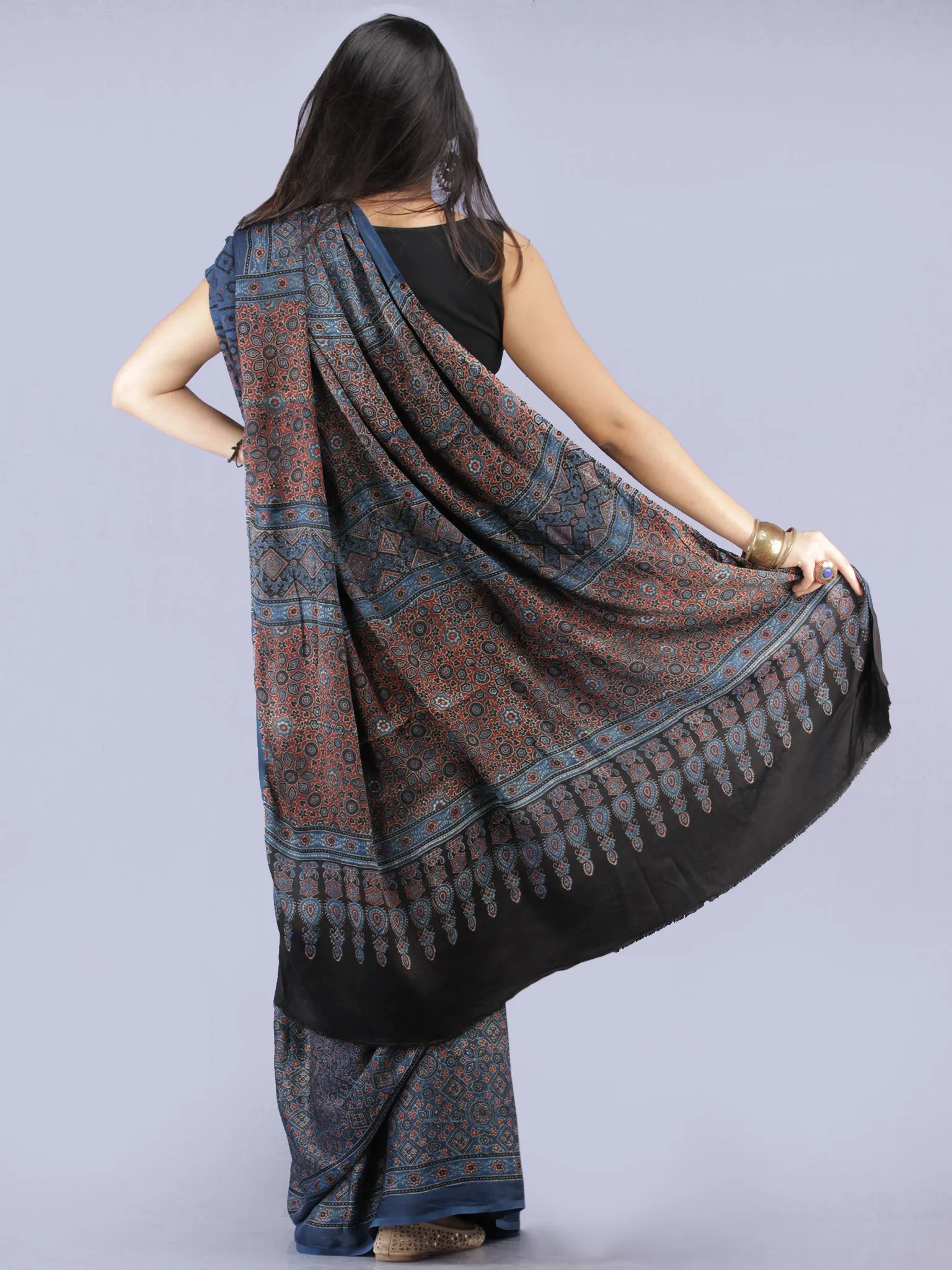 Indigo Black Maroon Ivory Ajrakh Hand Block Printed Modal Silk Saree - S031704263