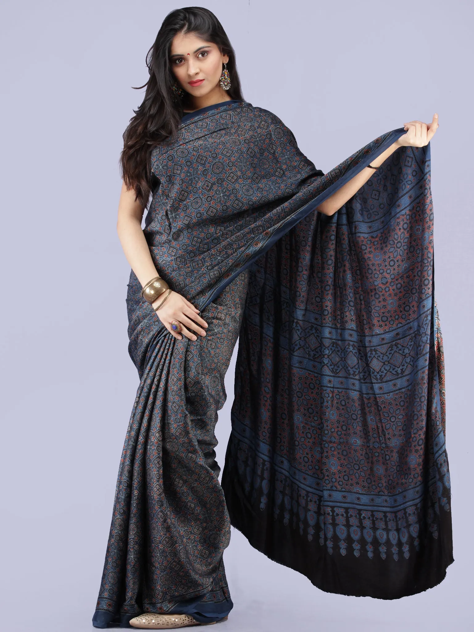 Indigo Black Maroon Ivory Ajrakh Hand Block Printed Modal Silk Saree - S031704263