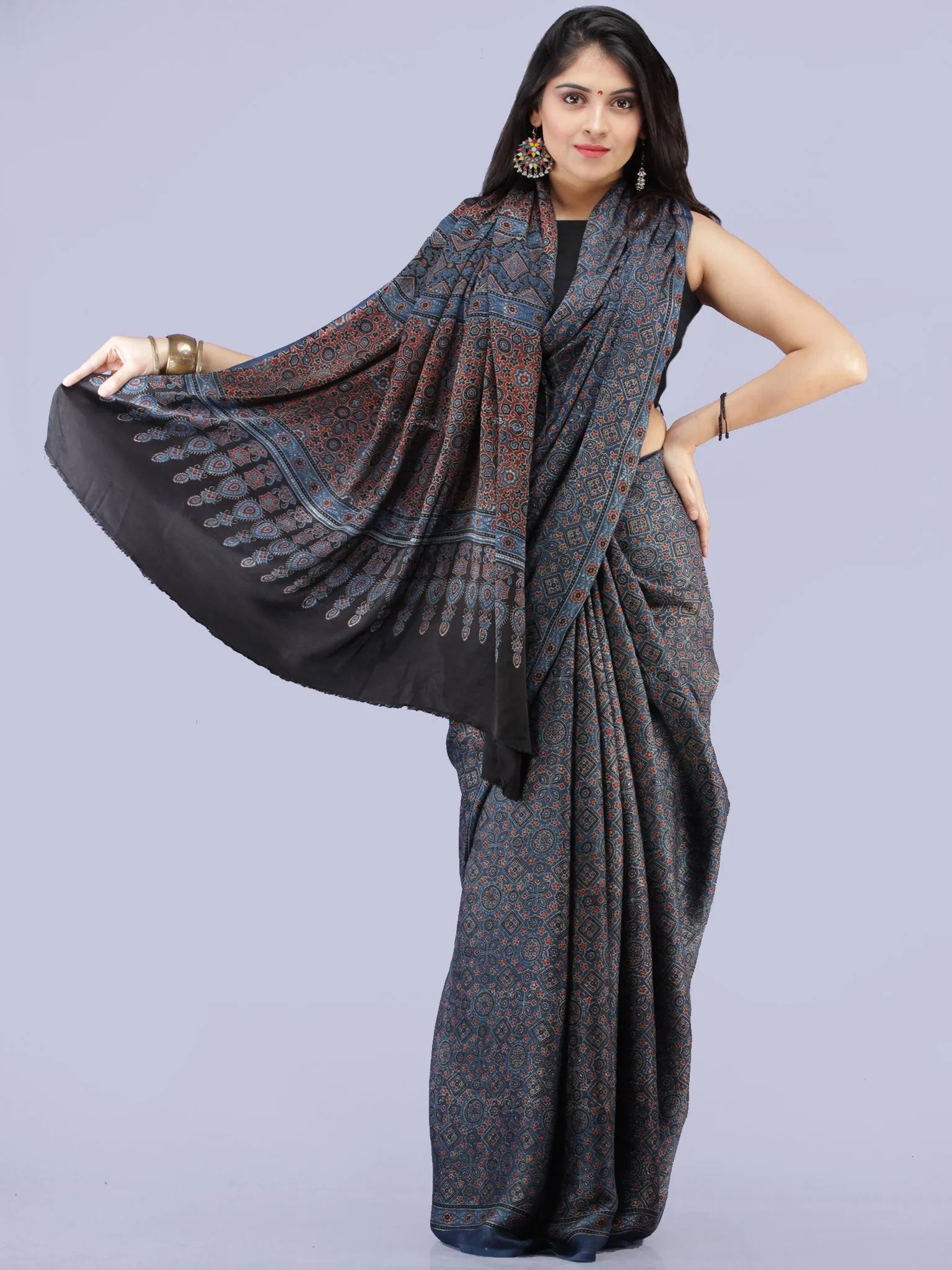 Indigo Black Maroon Ivory Ajrakh Hand Block Printed Modal Silk Saree - S031704263