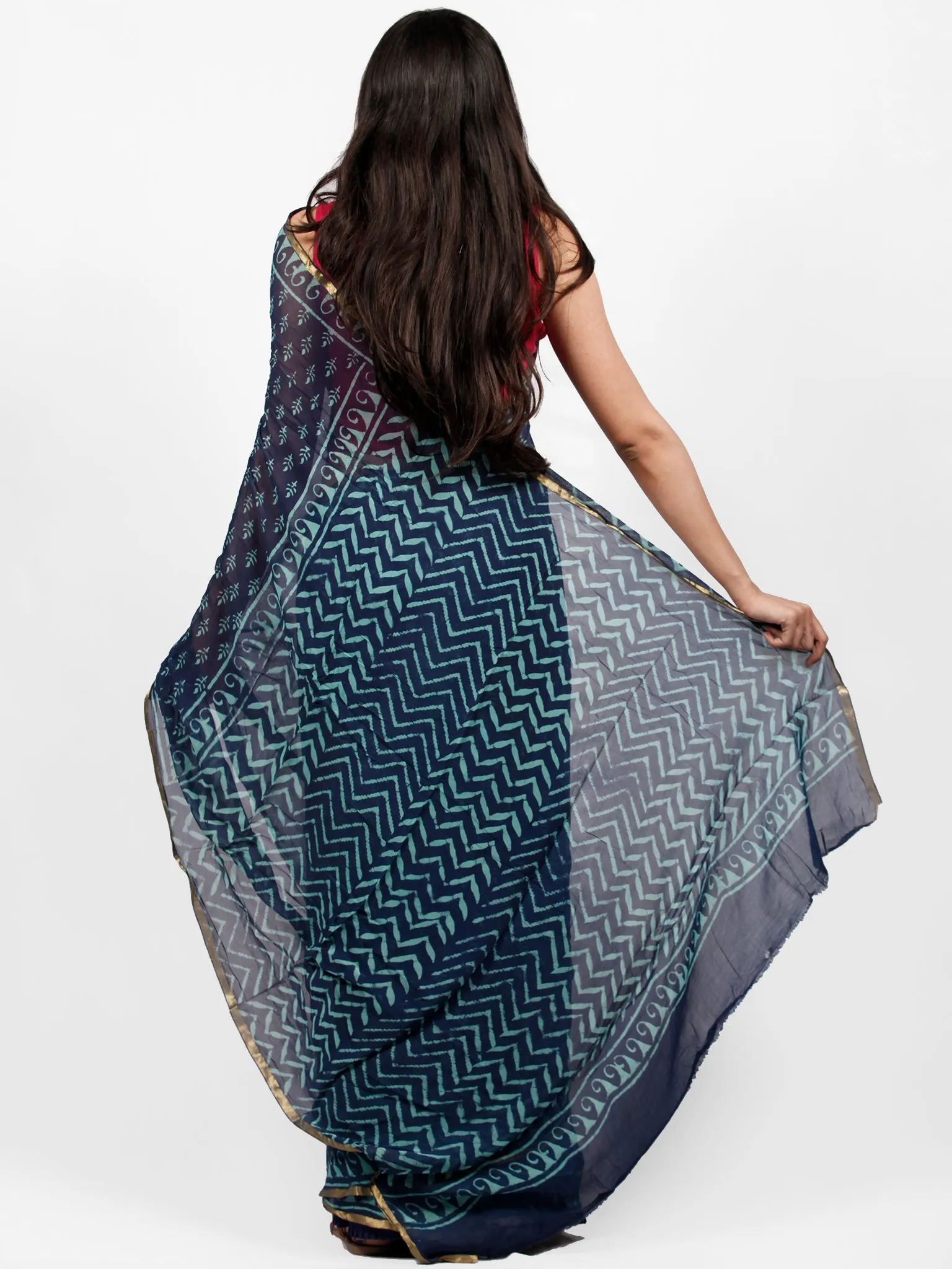 Indigo Green Hand Block Printed Chiffon Saree with Zari Border - S031703239