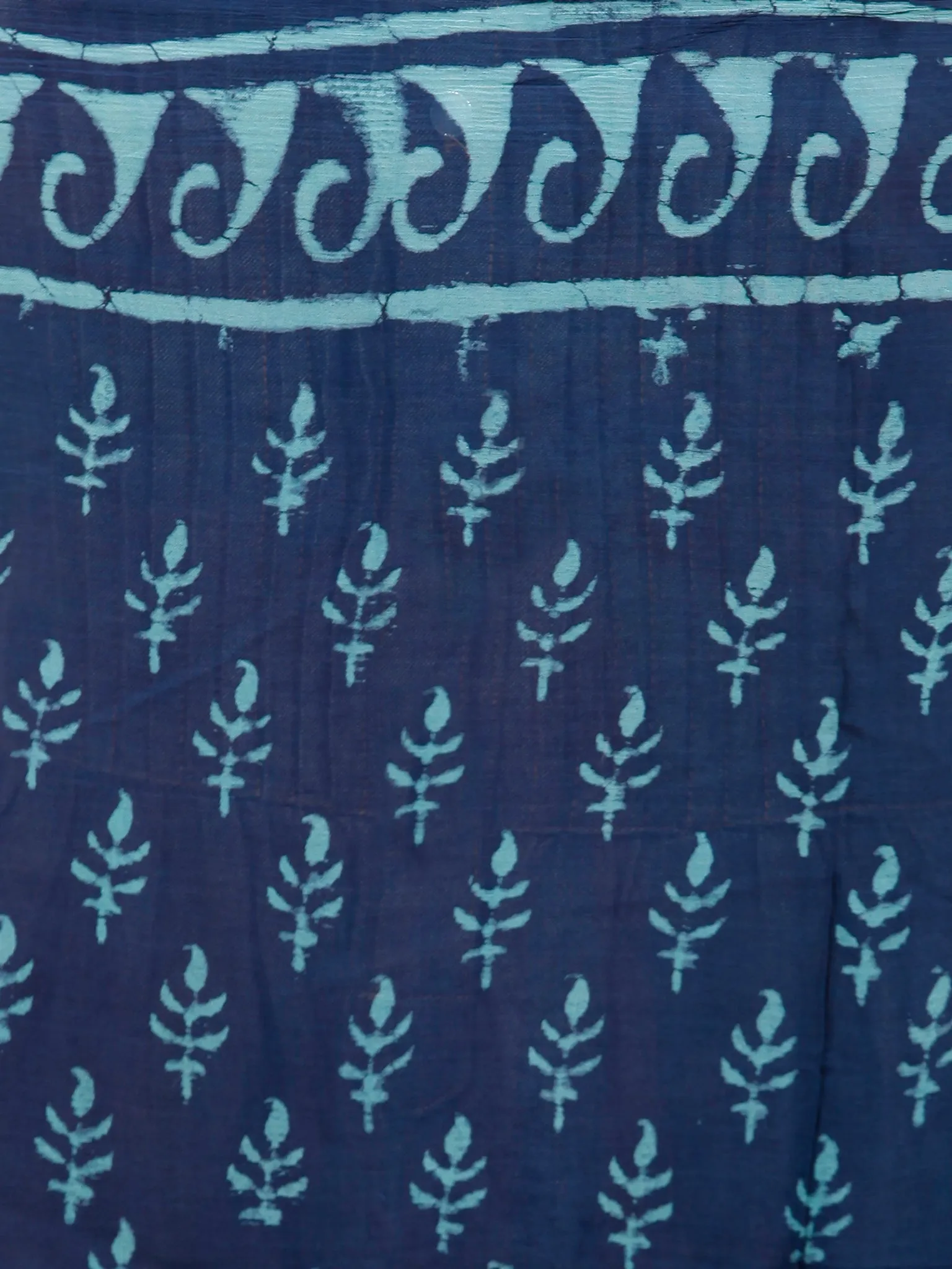 Indigo Green Hand Block Printed Chiffon Saree with Zari Border - S031703239
