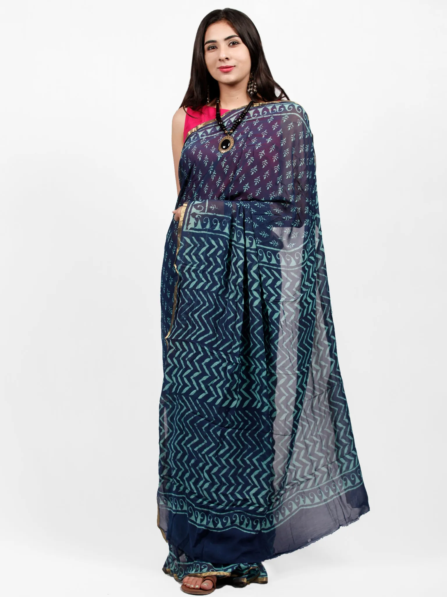 Indigo Green Hand Block Printed Chiffon Saree with Zari Border - S031703239