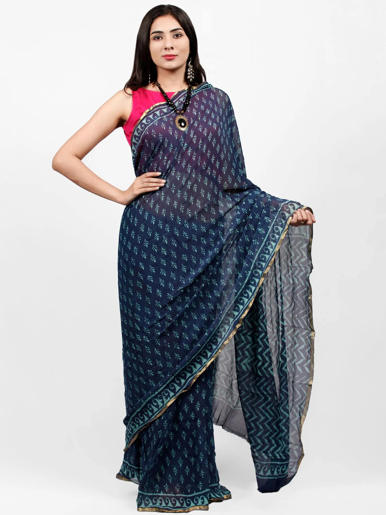 Indigo Green Hand Block Printed Chiffon Saree with Zari Border - S031703239