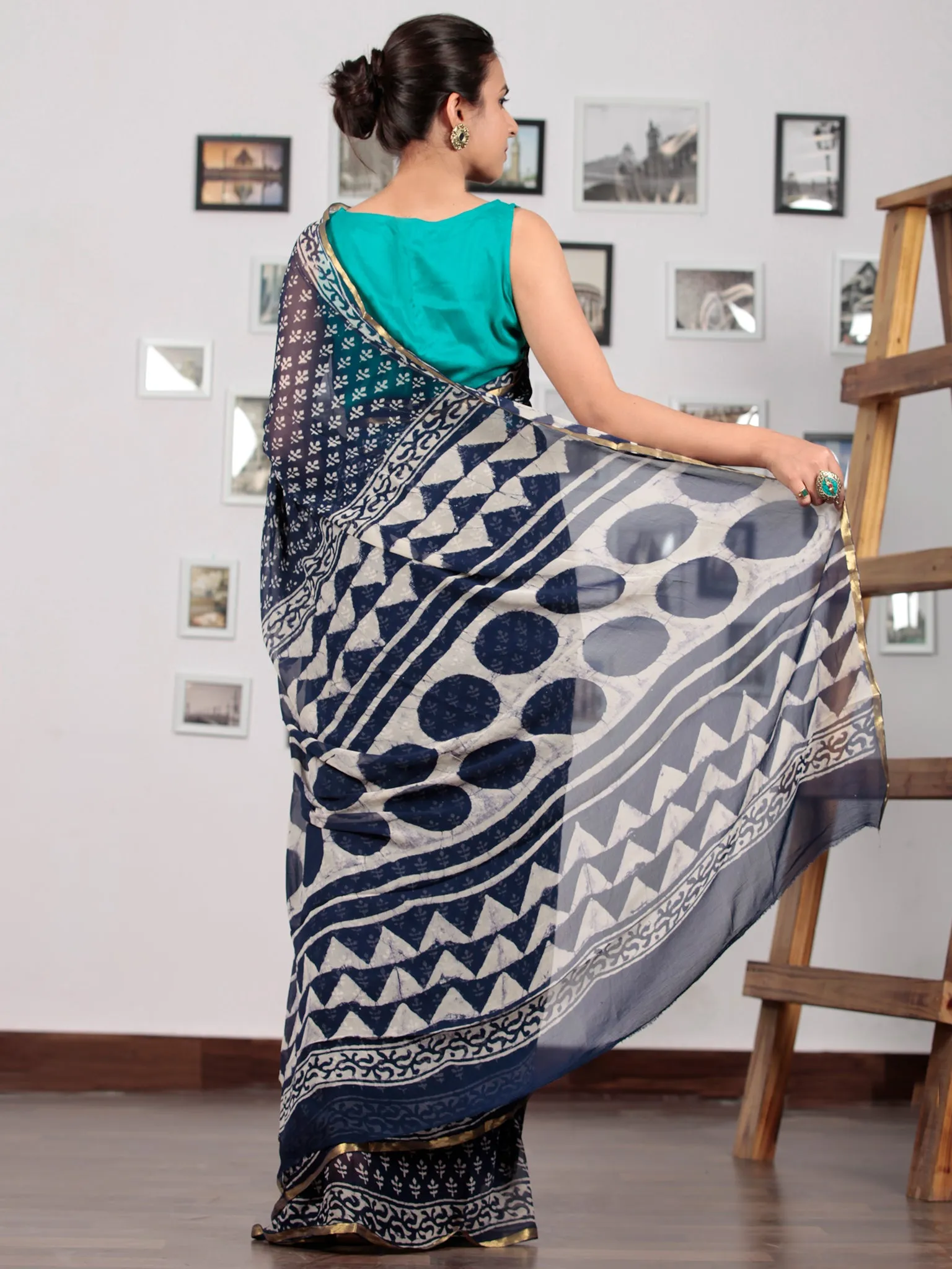 Indigo Ivory Hand Block Printed Chiffon Saree with Zari Border - S031702780