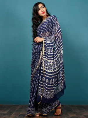 Indigo Ivory Hand Block Printed Chiffon Saree with Zari Border - S031702794