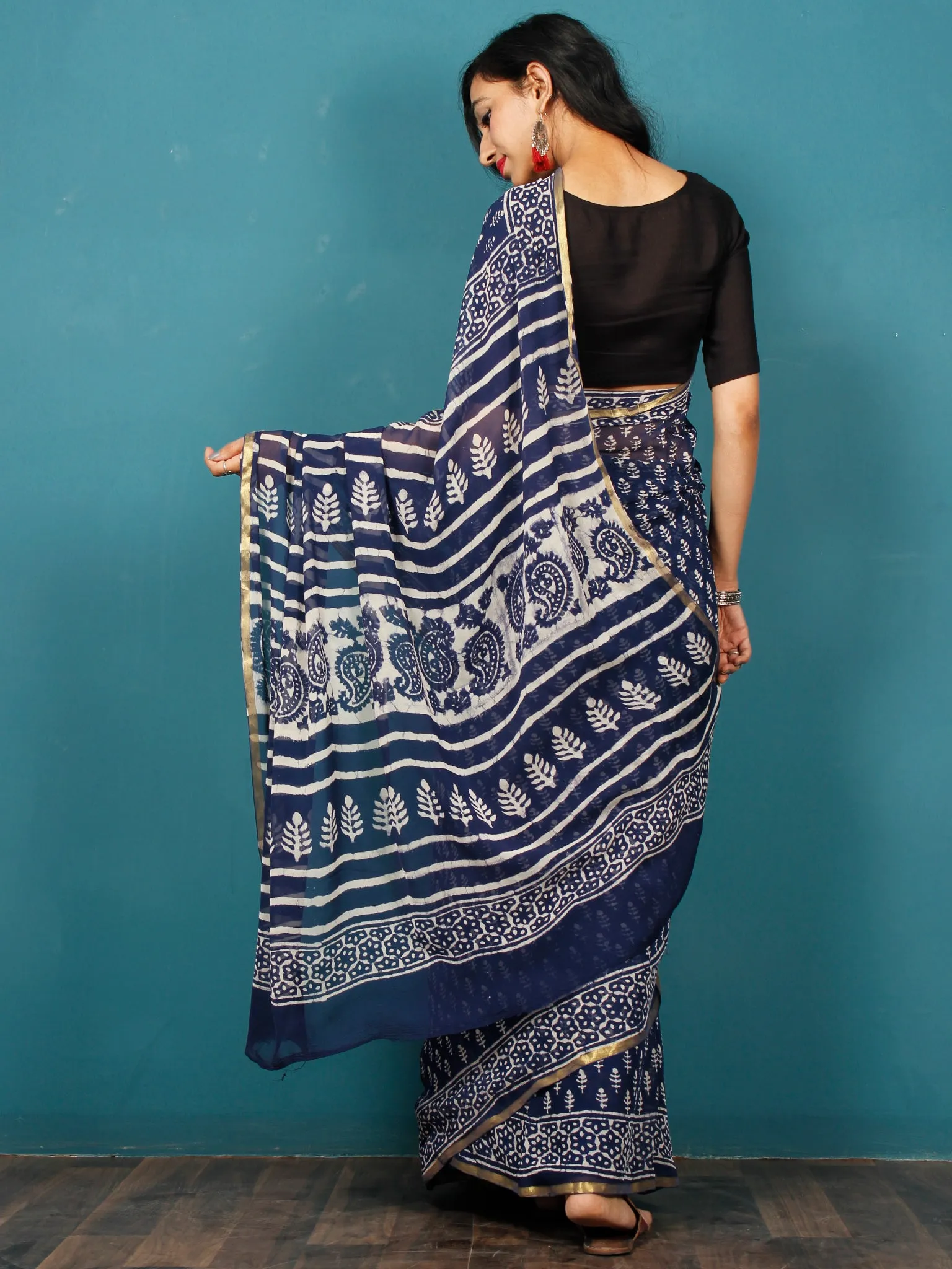 Indigo Ivory Hand Block Printed Chiffon Saree with Zari Border - S031702794