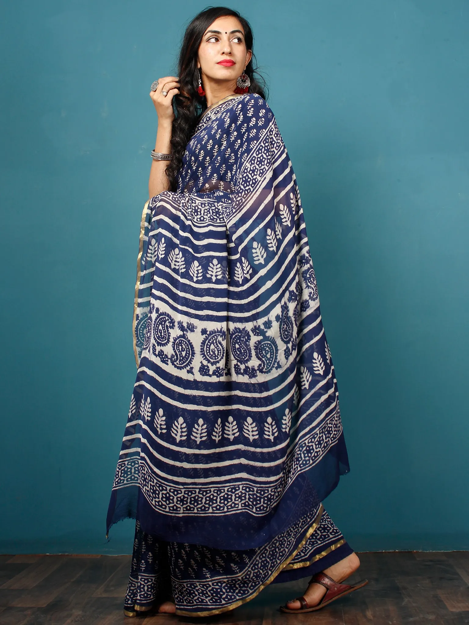 Indigo Ivory Hand Block Printed Chiffon Saree with Zari Border - S031702794