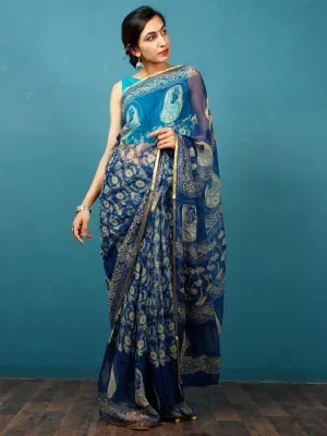 Indigo Lime Green Hand Block Printed Chiffon Saree with Zari Border - S031702815