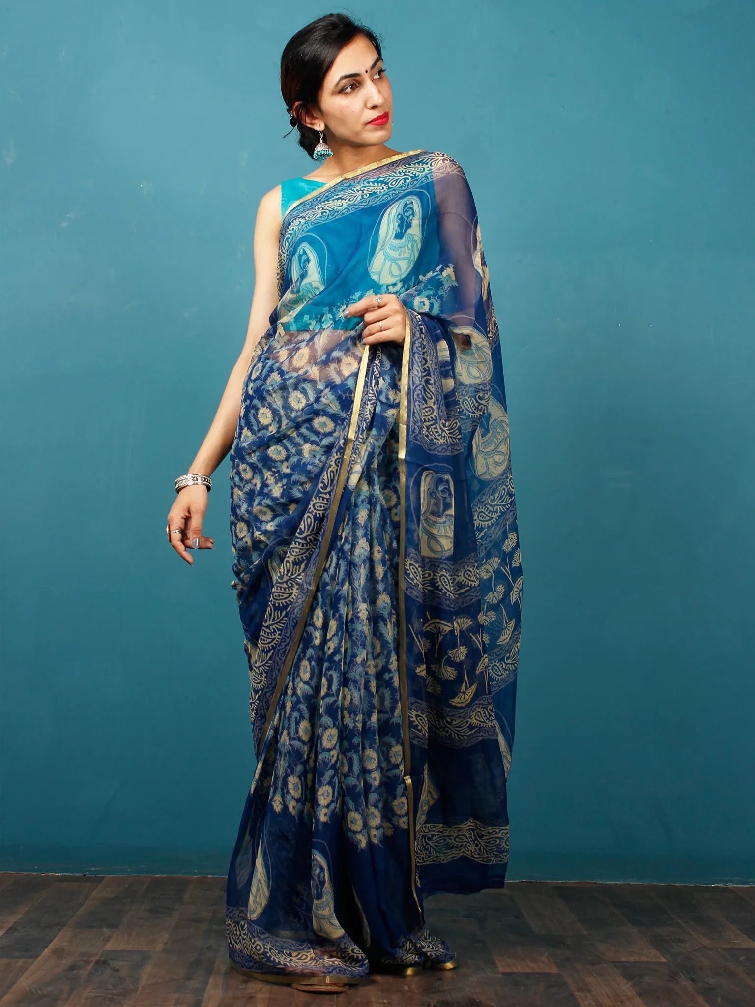 Indigo Lime Green Hand Block Printed Chiffon Saree with Zari Border - S031702815