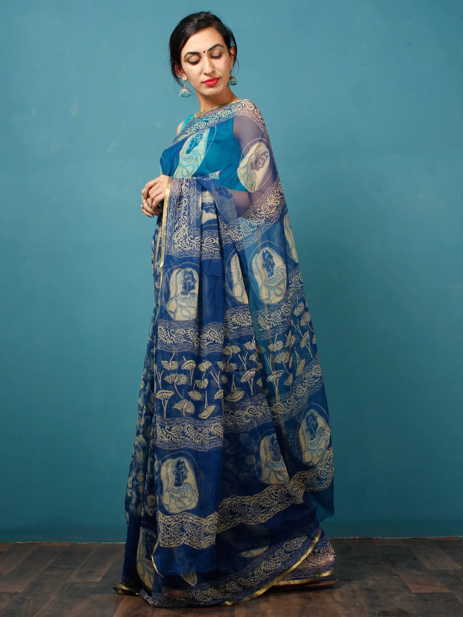 Indigo Lime Green Hand Block Printed Chiffon Saree with Zari Border - S031702815